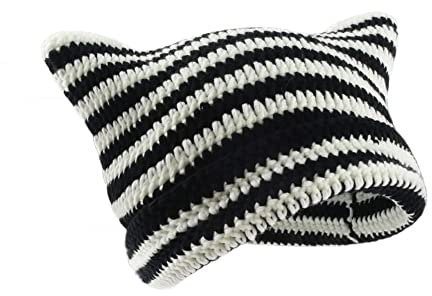 Crochet Hats for Women Cute Cat Ears Beanie Vintage Beanies Women Fox Hat Grunge Accessories Slouchy Knitted Beanies (Black+White)