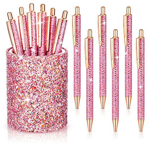 Glitzernder Pailletten-Stifthalter mit 6 Stück Pailletten-Klickstiften, niedlicher Glitzer, einziehbarer Kugelschreiber, Bleistiftbecher für Schreibtisch, Organizer, Make-up-Pinselhalter für Damen,