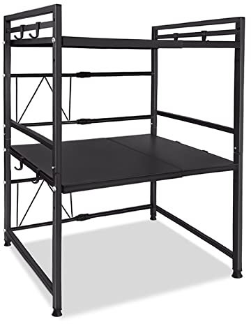 VA-Cerulean Mikrowelle Regale,Erweiterbares 3-stufiges Küchenregal mit 8 Haken,Küchenarbeitsplatten für Toaster,Wasserkocher,Gewürzflasche,Schwarz