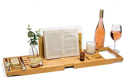 Bathtub Caddy Tray | Holds Book Open with Removable Water Shield | Bath Tub Tray Table | Extendable Bathtub Trays for Tub | Bath Tray for Bathtub with Wine Holder | Tub Tray for Bathtub