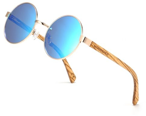 WOODONLY Holz Runde Polarisierte Sonnenbrille - Mode Metallrahmen Sonnenbrille für Herren und Damen Perfekte Geschenke (Blau)