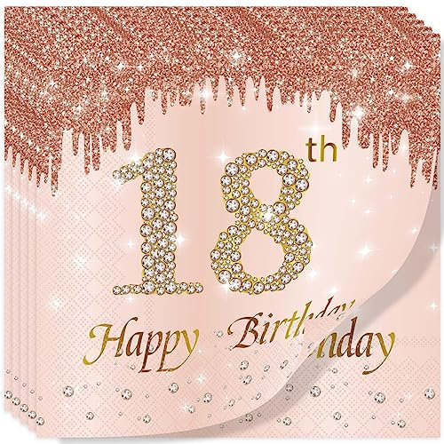 Rose Gold Happy 18th Birthday Napkins, Girls' 20-Piece Party Paper Napkins, Her 18th Birthday Gifts, Tableware Decorations