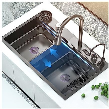 Fregadero De Cocina Tipo Cascada, Fregadero De Cocina De Acero Inoxidable De Un Solo Tazón, Fregadero De Cocina Integrado Con Pantalla Digital Multifuncional Feiyu (Color : Black-Grey, S : 68x46cm)