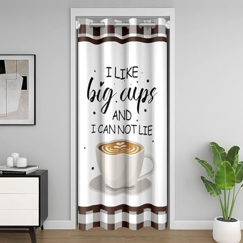 richhome Kaffee Tür Vorhang Kaffee Tasse Floral Tür Vorhang Top Braun Weiß Plaid Check Tür für Küche Wohnzimmer Schlafzimmer 86x203 Zoll