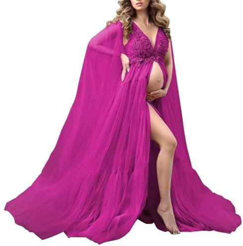 Vestaglia con spalle scoperte per servizi fotografici maternità Prospettiva lunga vestaglia gonfia tulle trasparente per donne WSXYF2, Fucsia, L