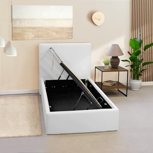 OnNuvo Letto Contenitore Singolo 80x190 cm Imbottito LONDON, Vano Sotto Letto 23 cm, Sollevamento Idraulico, Montaggio Semplice, Con DOGHE ANTIRUMORE in Faggio Naturale, Brand Italiano, Bianco