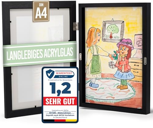 KIYARI Bilderrahmen Kinderzeichnungen A4, Schwarz Aufklappbar & Frontöffnung, für bis zu 150 Zeichnungen, Robustes Holz & bruchsicheres Glas, Ideal für Kunstprojekte, Kinderzimmer & Schule