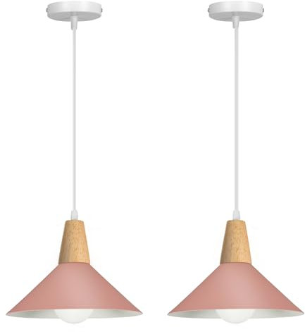 LIGKIN 2 Pezzi Lampadario a Sospensione Moderno E27 Lampadari Industriale Ø25cm Paralume Metallo Lampade a sospensione Legno per Cucina Sala da Pranzo Sala Caffè (Rosa)