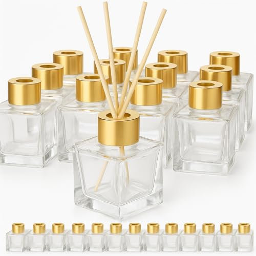 Doni Bomboniere - 12 Bottiglie vuote in Vetro da 50 ml con Bastoncini Legno per Profumatore Ambiente - Diffusori di Oli Essenziali per la Casa Bagno Salotto, Arredo Decorativi (Gold)