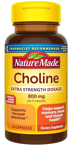 Nature Made Extra Strength Dosage Choline Supplements 800 Mg Per 3 Capsules, Brain Health, Mood, Muscle & Liver Support, Vegetarian, 60 Capsules, 20 Day Supply