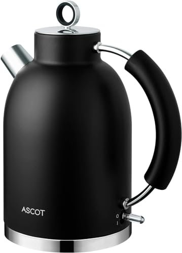 ASCOT Wasserkocher Edelstahl, Elektrischer Wasserkessel Geschenke für Männer/Frauen/Familie 1,5 liter Retro Teekocher Trockengehschutz, Automatische Abschaltung (Schwarz)
