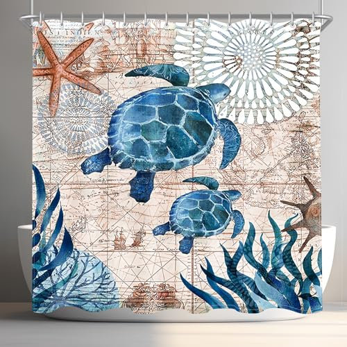 Lerores Duschvorhang 120x180cm Meeresschildkröte, Beschwerter Saum Antischimmel, Wasserabweisend, Waschbar Polyester Stoff Badevorhänge mit 8 Ösen und Duschvorhangringe für Badezimmer, Badewanne
