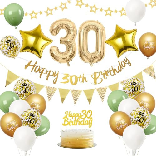 30. Geburtstag Deko Salbeigrüne, Luftballon Deko 30. Geburtstag Frauen Männer, Geburtstagsdeko 30 Jahr, Grün Weiß Gold Luftballons 30 Geburtstags mit Banner Tortendeko für Geburtstags Party Deko-Set