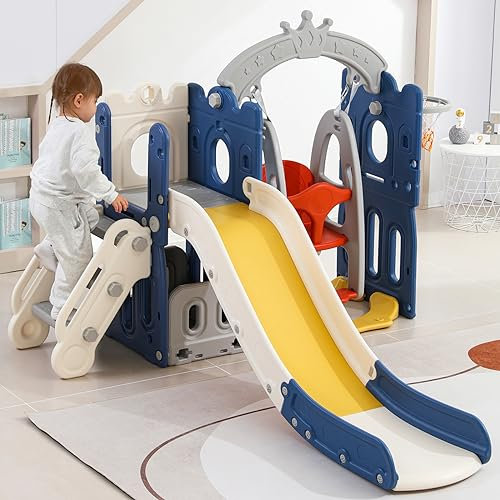 JOROBURO Toboggan pour Enfant 5 en 1 avec Panier de Basket, Aire de Jeux intérieure et extérieure, kit de Jeu d'escalade autoportant (5 en 1 Bleu)