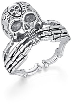 REDSUN Totenkopf Ring 25 Sterling Silber Herren-Skelettkopf-Fingerring Retro Gothic Ringe Skull Schmuck für Herren Damen Offen Fingerring für Halloween Weihnachten Geburtstag