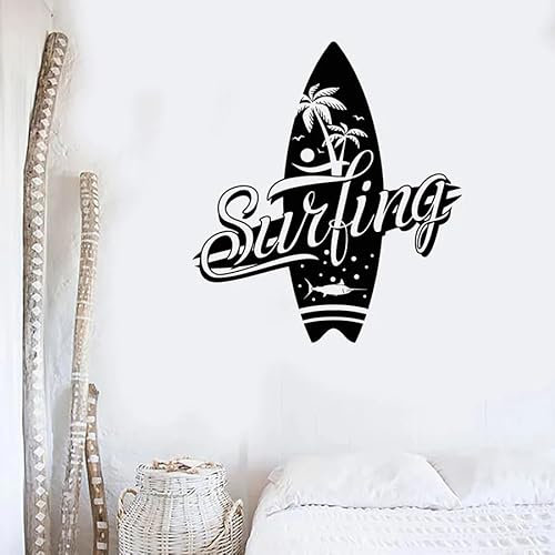 Surfen Wandtattoo Surf Club Surfbrett Logo Schild Vinyl Fenster Aufkleber Palme Baum Kunst Interieur Dekor Extremsport Wandbild 57x63cm