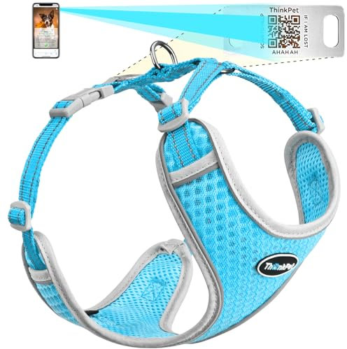 ThinkPet Reflektierendes Atmungsaktives Soft Air Mesh mit QR Code Hundemarke Welpe Choke Free Over Head Vest Harness für Welpen Small Medium Hunde und Katzen Groß Hellblau