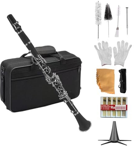 Btuty Klarinette aus ABS, Binokular, Bb-Klarinette, mit 10 Blättern, Sopran-Klarinetten, flach, mit Reinigungsstoffhandschuhen, Etui, Holzblasinstrument für Anfänger
