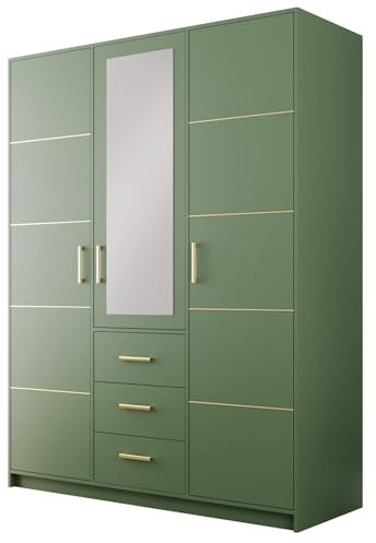 Albello - Kleiderschrank 147 cm x 57.5 cm x 200 cm Blame, Schrank mit Spiegel, Großer Garderobenschrank, Schrank Wohnzimmer aus Holzwerkstoff, Schrank Schlafzimmer - Grun Flasche GRÜN