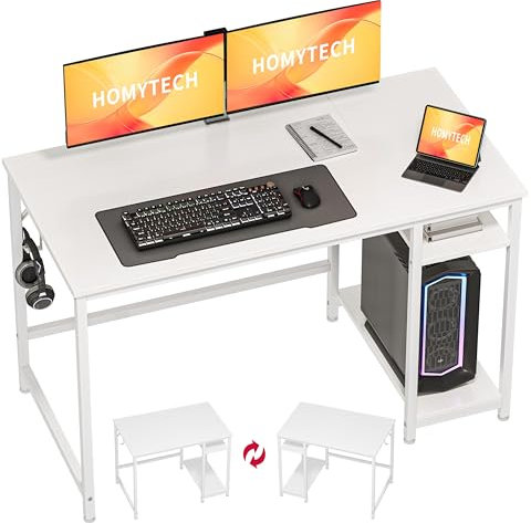 HOMYTECH Escritorio Madera con Doble Estante Lateral Reversible y Gancho para Auriculares, Escritorio Ordenador para Oficina en Casa, Estudio de Empresa, 120x60 cm, Blanco