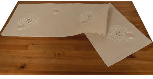 Läufer Tischdecke Leinen-Optik Bestickt Deko Esszimmer Serie Pusteblume Tischwäsche Stickerei Blumen Ornamente Tischband Typ887 Tischläufer 40x140 cm beige