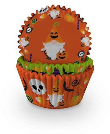 Anniversary House 60pcs Halloween Gonks Cupcake Cases - Heavy Duty Greaseproof Paper Baking Cups with Gnome, Pumpkin, Bat, Spider & Skull Designs - Fits Standard Muffin & Cupcake Tins