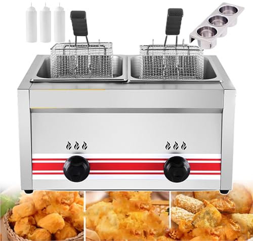 Commercial Deep Fat Fryer | Professional Oil Deep Fryer 20L | Large Capacity Electric Frying Machine | Double-slot Deep Fryer w/Seasoning Tank & Baskets & Lids | Adjustable Firepower,002