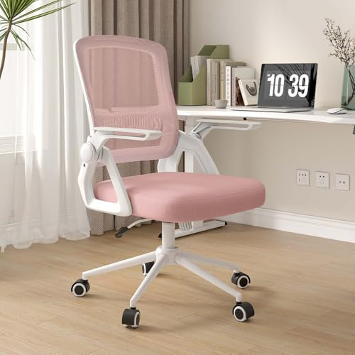 naspaluro Silla de Oficina con Reposabrazos Plegables, Silla Escritorio Ergonómica, Giratoria Ordenador de Malla, Soporte Lumbar, Regulable en Altura, Adecuada para la Oficina en Casa, Estudio, Rosa