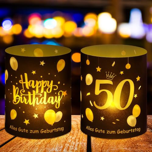 Lvefyti 12 Windlichter Geburtstag Deko, Schwarz-Gold, 50. Geburtstag, Teelichter oder Kerzen mit Zahlen