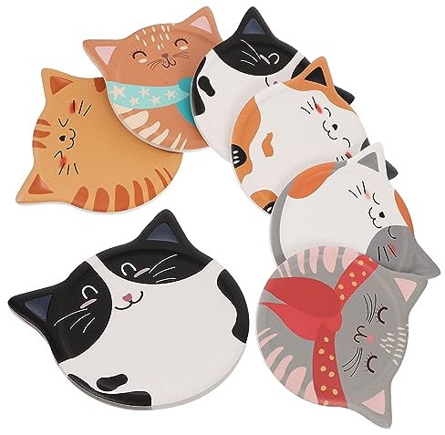 Mikinona 6pièces -Verres Céramique Imprimés Chat Mignon Antidérapants Céramique Accessoires De Table Décoratifs Et Absorbants pour Boissons Chaudes