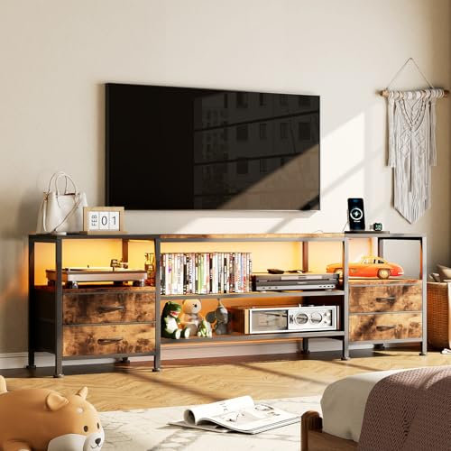 Chleby Mueble de TV para televisor de 70 Pulgadas con 4 cajones, 4 Compartimentos Abiertos, 160 x 40 x 63 cm, Armario de TV con Barra de luz LED y enchufes para salón, Dormitorio, Color marrón