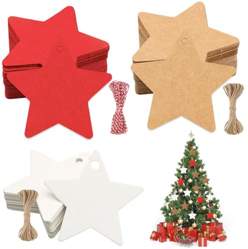 150 Stück Geschenkanhänger Weihnachten Kraftpapier Weihnachtsanhänger Papier 30m Schnur Stern Weiß Braun Rot Geschenkanhänger Kraftpapier Blanko Anhänger Etiketten Weihnachten für Geschenk Flaschen