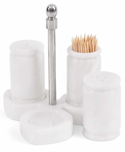Marble Salt and Pepper Shakers Set of 3 Handmade White Stone Spice Shakers 0.8 oz with Tray & Toothpick Holder | Elegant Kitchen Countertop Set for Dining Table | Saleros Decorativos