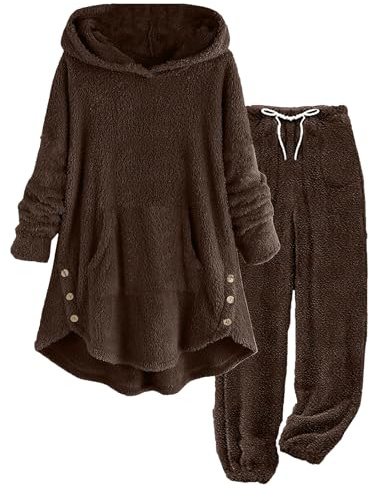 AnnSemo Vêtements de Détente Femme Sweats à Capuche Ensembles 2 Pièces Femme Pyjamas en Polaire Thermique Survêtement Ensemble Complet Pyjamas Moelleux Pantalon Jambes Larges Ensembles de Gym d'Hiver