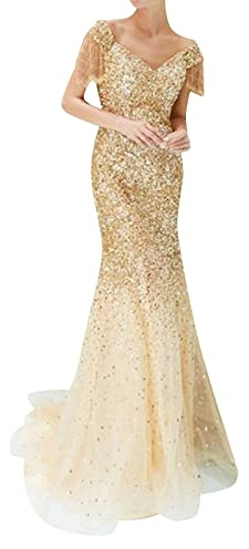 Robe longue en tulle pour femme - Robe longue en tulle doré - Col en V - Paillettes - Robe de soirée - Robe de bal - Robe de cocktail - Costume de carnaval
