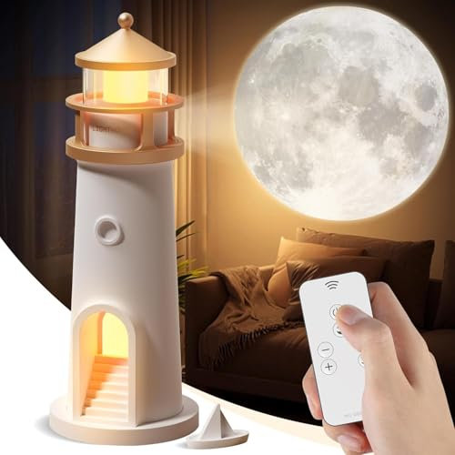 BomKra Leuchtturm Deko, LED Mondlicht Projektor Lampe mit Fernbedienung, Nachtlicht Kinder Sternenhimmel, Leuchtturm Geschenk Meeres Deko