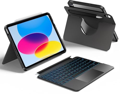 HOU 360° Drehbare & Abnehmbare Hülle mit Tastatur für iPad A16 11/10, 155° Verstellbarer Ständer, Halter für Apple Pencil/Stylus, Multi-Touch Trackpad, 7-Farbige Hintergrundbeleuchtung, QWERTZ