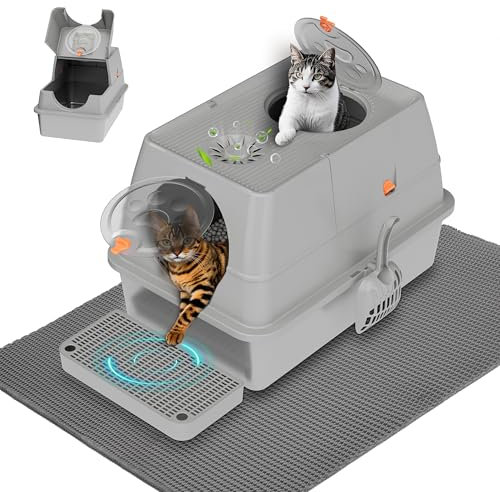Citylife Katzenklo Edelstahl mit Deckel, XL Katzentoilette Geschlossen mit Doppelstreu Katzenstreu Matte und Schaufel, Zwei-Tür-Konfiguration, Leicht zu Reinigen, Geruchshemmend, Grau