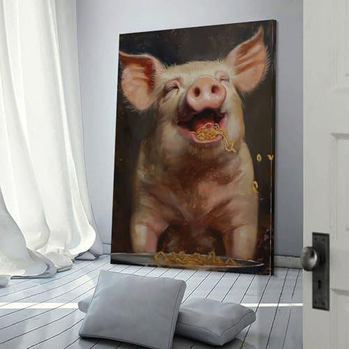 LMYmoney Wandbild „Happy Pig“ mit Ramen-Nudeln, Leinwandbild für Schlafzimmer, Wohnzimmer, Kinder, Mädchen, Jungen, Geburtstagsparty, Geschenk, Kunstwerk, 50 x 75 cm