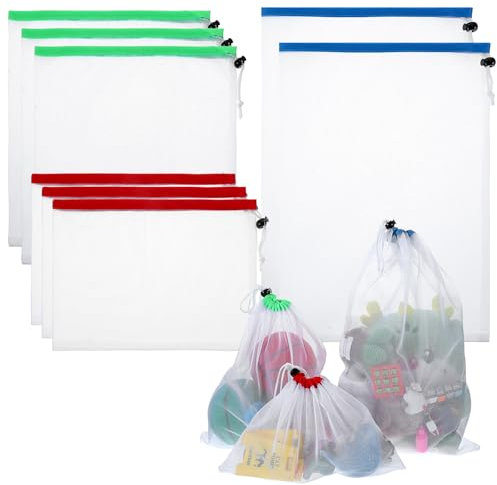 Lnngub 8 Pcs Mesh Drawstring Bag,3 Sizes Reusable Produce Bags Mesh Storage Bags with Drawstring Closure Washable Puzzle Bag for Vegetables,Food,Toys,Grocery Storage