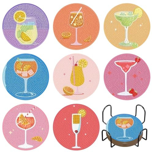 Diamond Painting Dessous de Verre avec Support, 8 Pièces Cocktail Diamond Painting Dessous de Tasse à Bricoler pour les Débutants, Diamond Painting Dessous de Verre