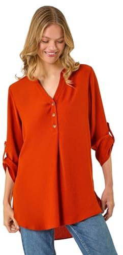 Roman Originals Shirt for Women UK Ladies Top Collarless Blouse Stretchy Tunic Smart Casual Autumn Winter Jersey 3/4 Length Sleeve Notch V Neck Flattering Office Work - Rust - Size 18