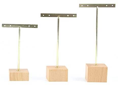 Fuhjythy 3Pcs Gold Metal T Bar Earring Display Stand with Wooden Square Base 4 Holes Jewelry Holders Hanging Earring Organizer