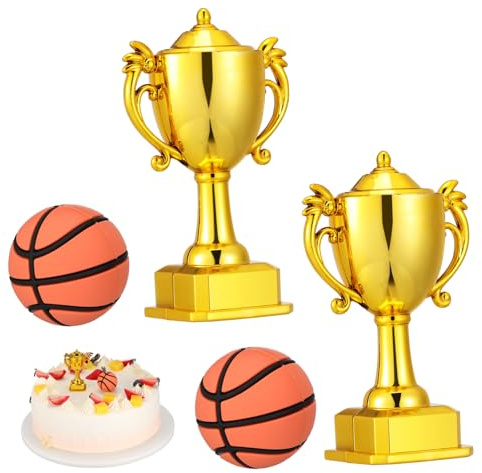 Cabilock 2 Sets Basketball Cake Toppers for Boys with Mini Trophy and Small Ball Decorations Plastic and Silicone Birthday Cake Decorations for Sports Theme Party Supplies