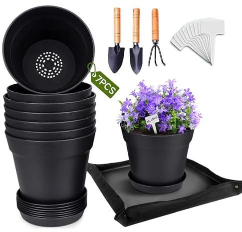 7 Piezas Macetas con Platillo, Macetas Plastico con Orificios Drenaje | Maceteros con Pala Jardín, Alfombra Plantación 50cm x 50cm con 20 Etiquetas Plantas, Redondas Orquídeas (2×12cm + 5×14cm Ø)