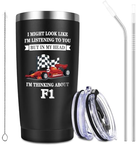 LUMIREX F1 Racing Themed Insulated Tumbler, 20oz Stainless Steel Travel Coffee Cup with Two Straws, Lid and Straw Brush, Cool Insulated Water Bottle F1 Gifts for Men, Dad, Son, Friends