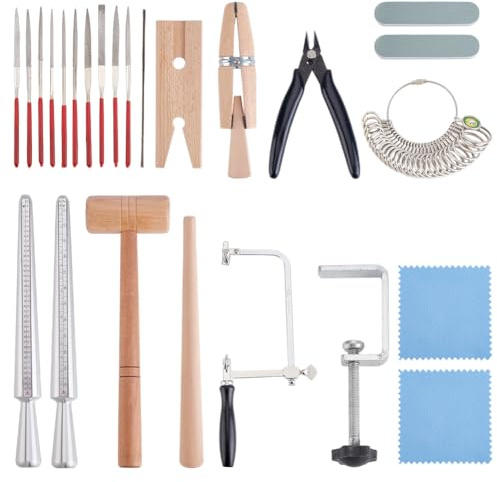 BENECREAT Juwelier-Werkzeug-Sets, einschließlich Holzschalenklemmen, Holzkegel-Ringgrößenversteller mit Hammer, Eisen-Diamantfeilen, Legierungs-Ringgrößengrößen, professionelles Modell und