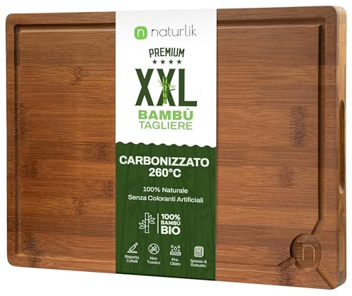 naturlik Tagliere XXL in Bambù Carbonizzato 45x30cm - Grande Tagliere Professionale in Legno Scuro con Scanalatura Raccogli Succhi e Maniglie - Per Carne, Verdura e Formaggi - Pre-oliato