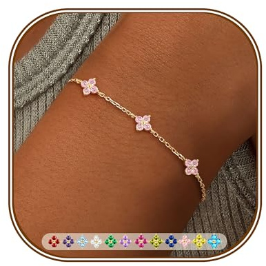 FUNEIA Armband Damen Gold Verstellbar 18K Vergoldet Charm Armband Kleeblatt Armband mit Zirkonia Goldene Armbänder Blumen Armkette Damenarmband Wasserfest Schmuck Geschenke für Frauen Mädchen