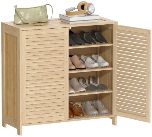 HOMCOM Bamboo Shoe Cabinet, 14 Pairs, 80 x 35 x 80 cm, Natural Wood | Louvered Doors, Shoe Storage Cabinet, Adjustable Shelves, Footwear Cupboard, Hallway, Entryway
